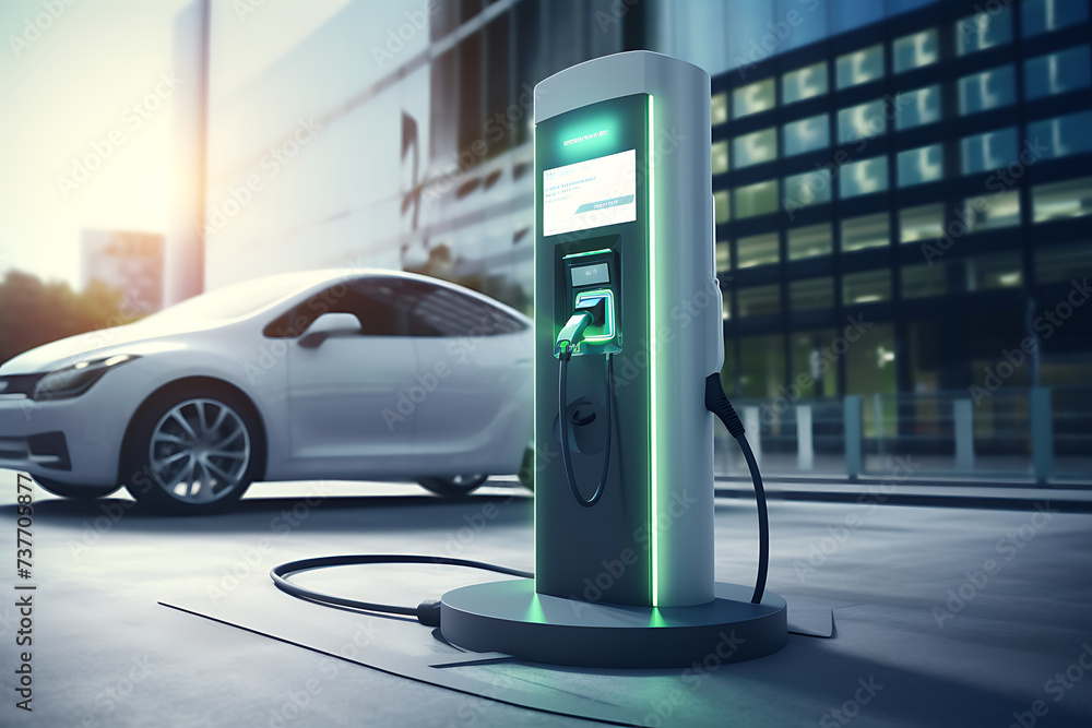 Electric car charging station. Electric vehicle charging station. Renewable eco technologies.