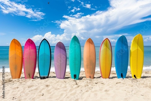 colorful surfboards standing in tropical beach sand with ocean in the background.