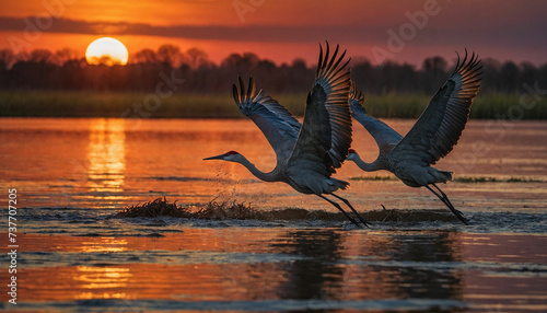 Moment a flock of migrating sandhill cranes takes flight against a backdrop of a crimson sunset, their outstretched wings casting dramatic shadows on the rippled surface of a tranquil lake below © mdaktaruzzaman