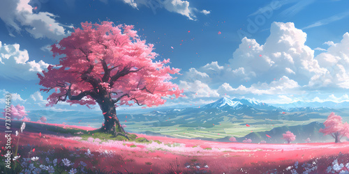 A wide-angle anime landscape background featuring a clear sky  dynamic clouds  and a beautiful sakura tree. This can be used as a peaceful and tranquil scenery for various purposes.