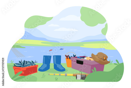 Box with tools for fishing, fishing rod, rubber boots, bucket with fish. Vector illustration. Lake with fish and fishing net. Outdoor activity, summer recreation, hobby concept