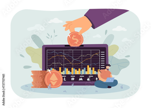 Financial trader with laptop near tablet with stock charts vector illustration. Hand with coin investing money in cryptocurrency. Influx of money into cryptocurrency concept