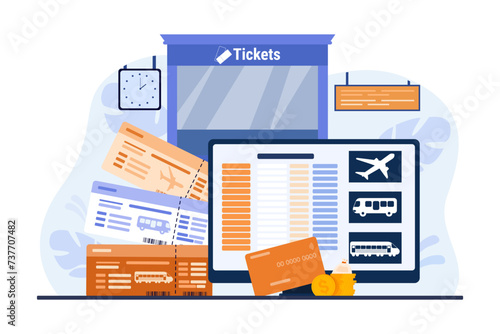 Computer with airplane, train, bus timetables, tickets, credit card and money nearby vector illustration. Clock and ticket booth on background. Online buying tickets, traveling concept photo