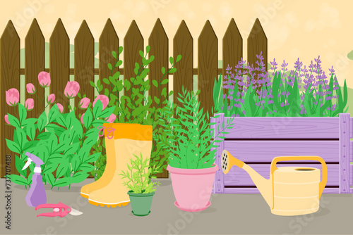 Herbs in pots and box in garden. Flat vector illustration. Watering pot, rubber boots, garden pruner. Gardening, agriculture, hobby concept