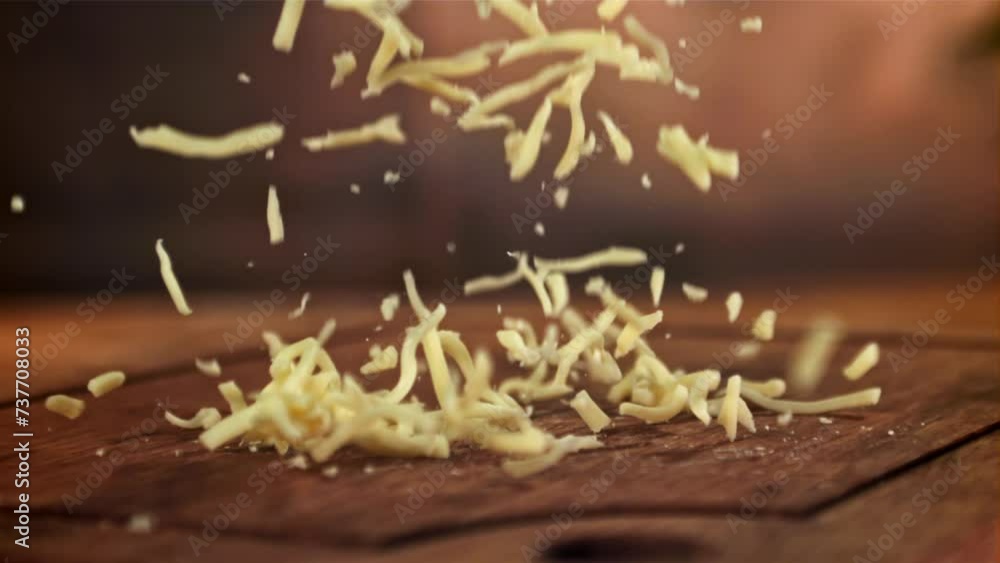 The grated cheese falls on a wooden board. Filmed on a high-speed camera at 1000 fps. High quality FullHD footage The grated cheese falls on a wooden board. Filmed on a high-speed camera at 1000 fps. High quality FullHD footage