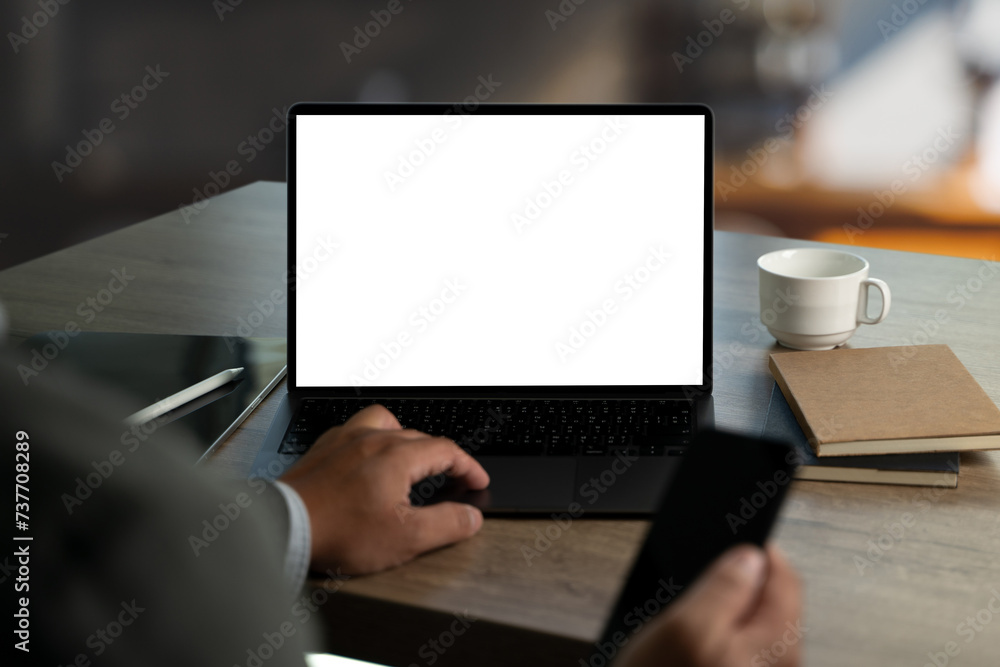 man working on his laptop with blank copy space screen mockup, template for your text man working on his laptop with blank copy space screen mockup, template for your text