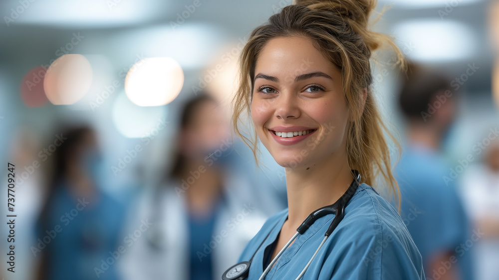 A nurse smiling with her stethoscope, in hospital A nurse smiling with her stethoscope, in hospital