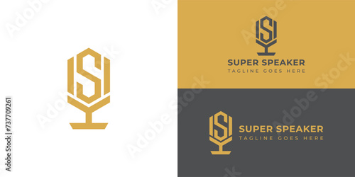 Abstract the initial letter S or SS in gold, isolated on a white background. Super speaker podcast logo with microphone and letter S design for your podcast or radio channel vector illustration