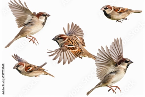 set of bird photos tit and sparrow flying on isolated white background