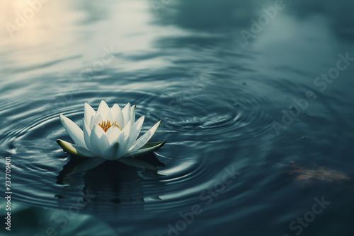 A single lotus flower floating gracefully on the surface of tranquil, still water.  F004