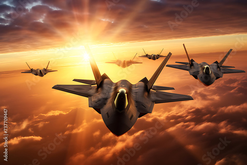Fighter jet fighter in the sky at sunset. 3d render photo