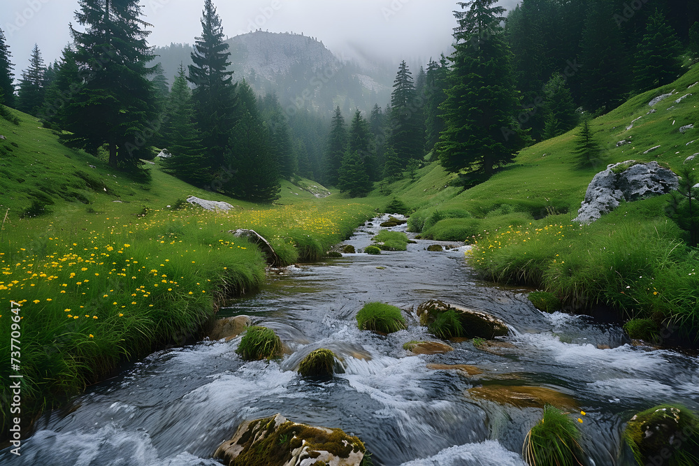 A peaceful brook from Latorita's Spring winds its way through a dense spruce forest and a lush alpine meadow, Mount Capatanii in the Romanian Carpathians. - obrazy, fototapety, plakaty 
