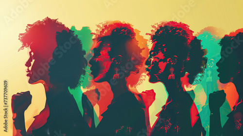 Silhouettes of several diverse people standing in a group. The concept of women's empowerment