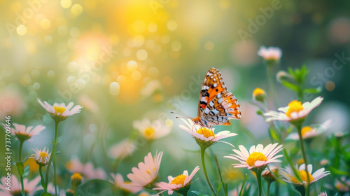 A serene image of a wildflower meadow with a butterfly feeding on a flower highlighting the importance of creating pollinatorfriendly gardens for a thriving ecosystem. photo