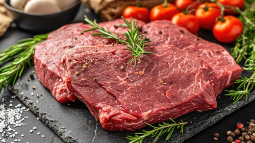 Raw beef steak on a black slate. Generative AI.