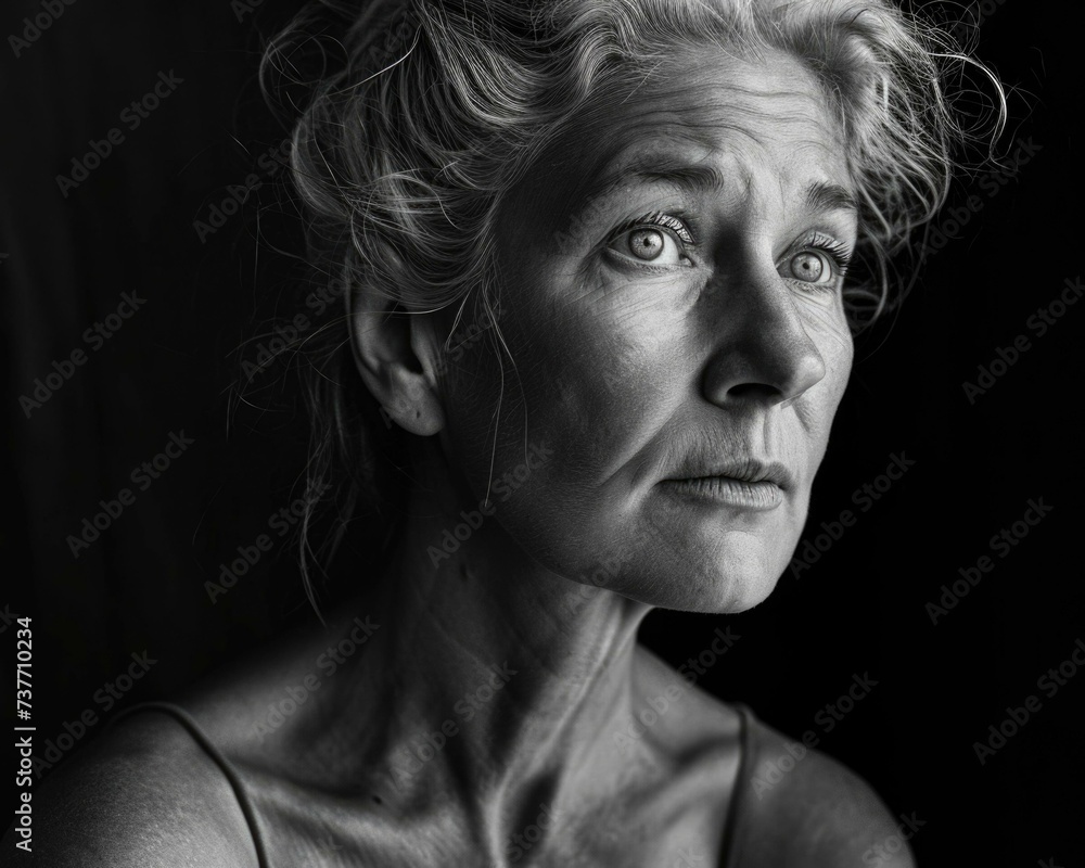 A black and white photo of a woman with a sad expression. Generative AI. A black and white photo of a woman with a sad expression. Generative AI.