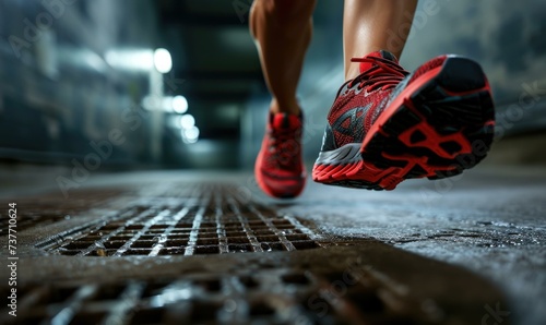 A person wearing red running shoes is running down a street. Generative AI.