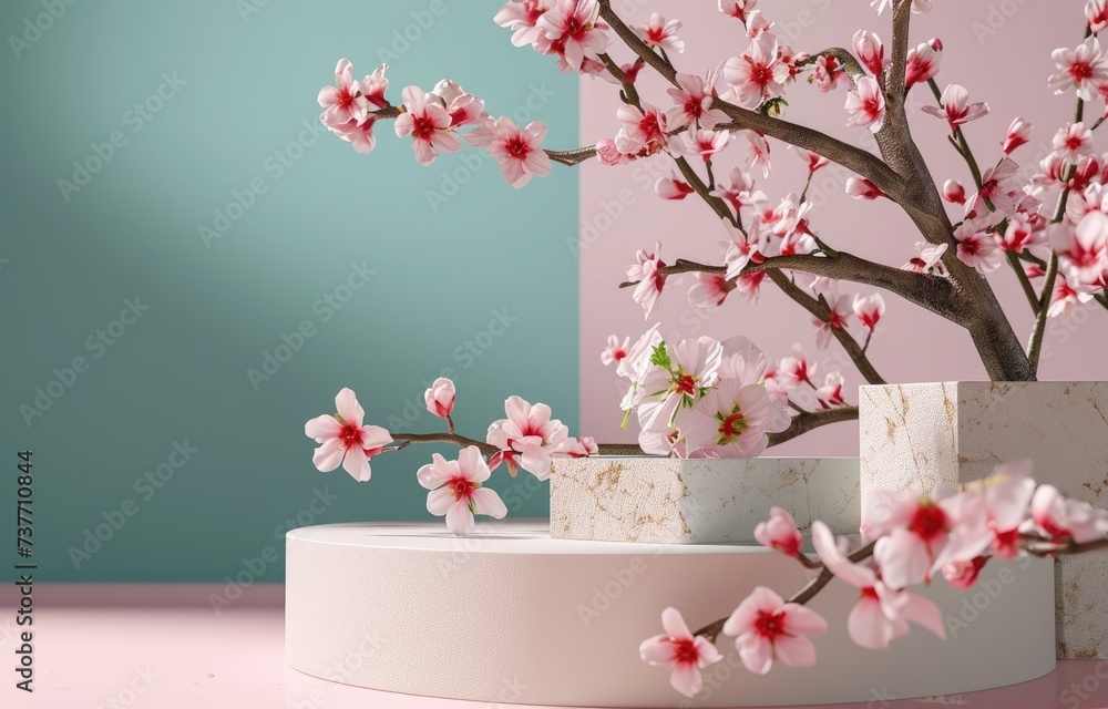 Round podium with branch of sakura in pink color. Mockup to promote eco or organic product , cosmetics. Round podium with branch of sakura in pink color. Mockup to promote eco or organic product , cosmetics.