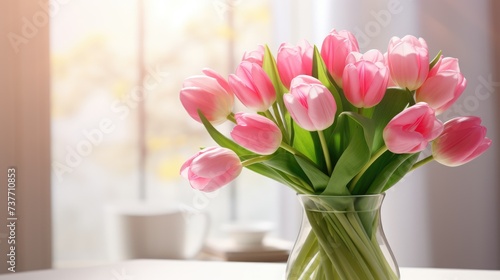 Bouquet of pink tulips for congratulations on Mother's Day, Valentine's Day, Women's Day. Blurred background.