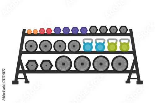 Weight rack, dumbbell stand. Gym storage rack for free weights and kettlebell sets. Flat vector illustration, isolated on white background. 