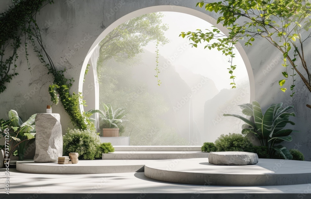 stone podium in the jungle forest 3d illustration, empty platform tropical forest background, natural stage for cosmetic product display minimal design stone podium in the jungle forest 3d illustration, empty platform tropical forest background, natural stage for cosmetic product display minimal design