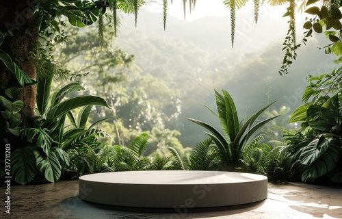  stone podium in the jungle forest 3d illustration, empty platform tropical forest background, natural stage for cosmetic product display minimal design