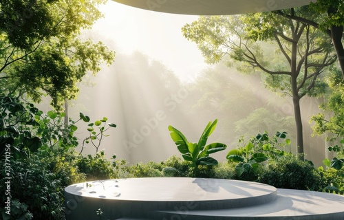  stone podium in the jungle forest 3d illustration  empty platform tropical forest background  natural stage for cosmetic product display minimal design