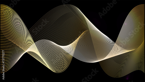 Gold wave on black background. Golden line pattern for luxury music vip or future wind swoosh. Abstract 3d horizontal stripe drawing. Copper award ribbon premium fashion element