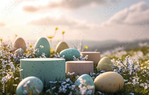 Easter eggs podium for product presentation, happy easter day concept, minimal scene with pedestal and egg, Easter day with geometry platform for product, showcase on pedestal display