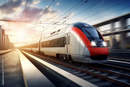 High speed train on a railway at sunset. 3d rendering