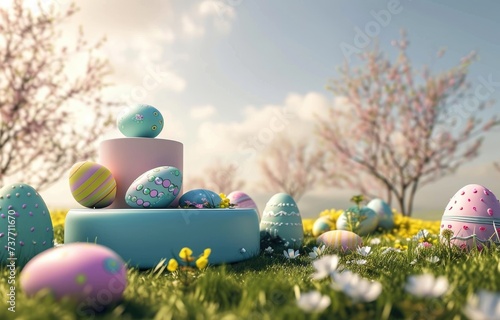 colorful Easter egg with empty podium 3d render illustration blue background. happy easter day concept. minimal scene with pedestal and egg.