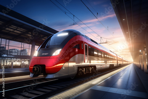High speed train on a railway at sunset. 3d rendering photo