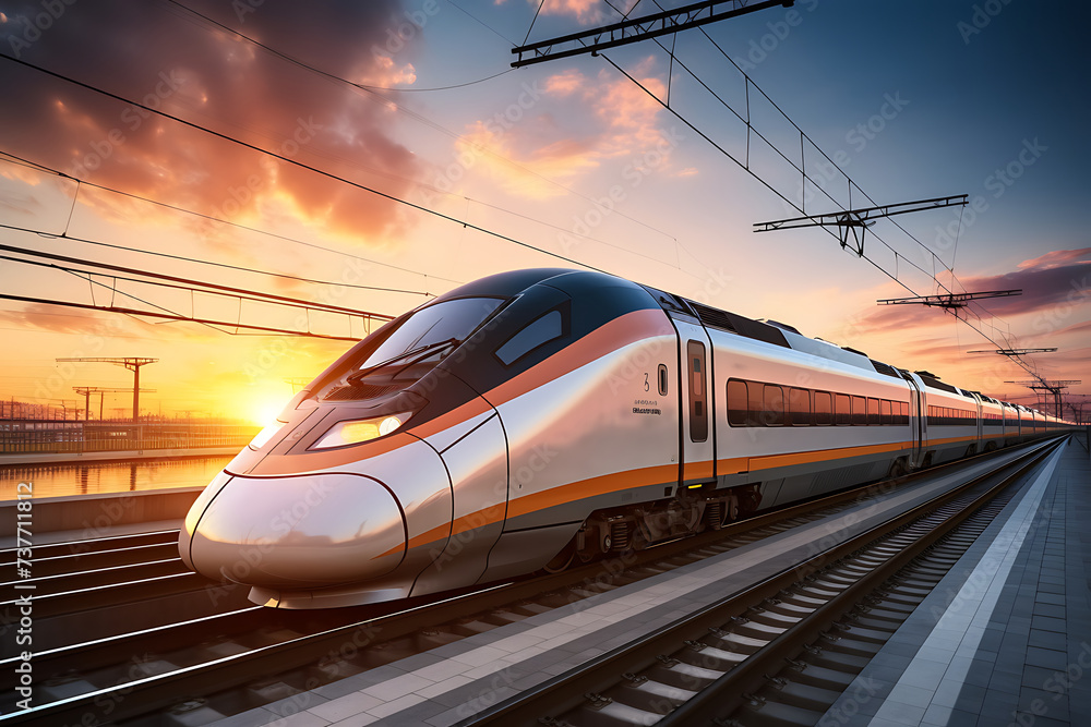 Fototapeta premium High speed train on a railway at sunset. 3d rendering