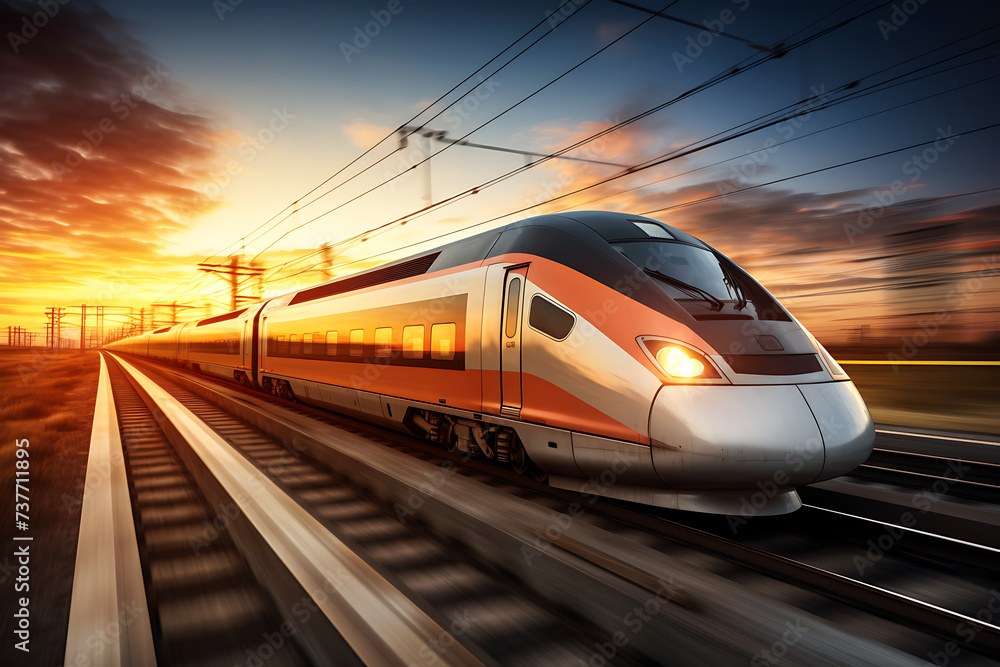High speed train on a railway at sunset. 3d rendering High speed train on a railway at sunset. 3d rendering