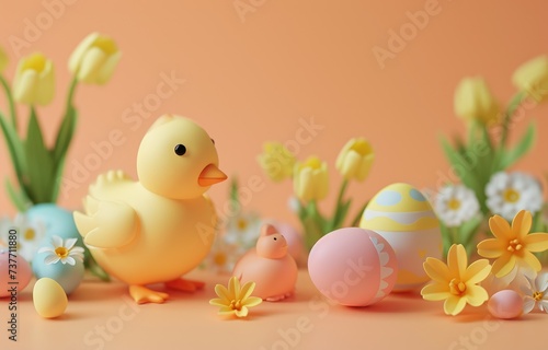 3D illustrated sweet festive Easter set isolated with copy space on light orange background © peacehunter