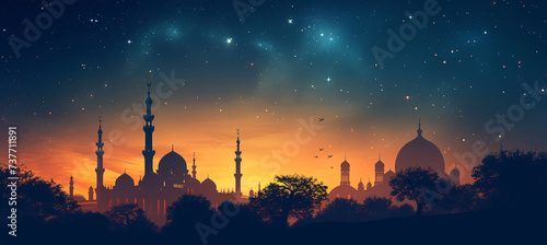 Illustration for Ramadan Kareem with night sky, stars, and mosque silhouettes, ideal for festive backgrounds.