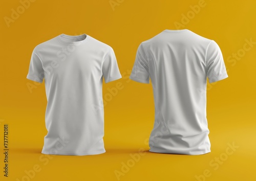 3D realistic image mockup of a plain white exercise shirt front view and back view on yellow background