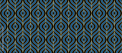 Retro art deco blue and black seamless pattern. Repeated gold leaf, feather or floral motif. Golden decorative texture for wallpaper, textile, fabric, print swatch. Vector vintage ornament backdrop