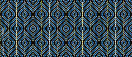 Retro art deco blue and black seamless pattern. Repeated gold leaf, feather or floral motif. Golden decorative texture for wallpaper, textile, fabric, print swatch. Vector vintage ornament backdrop