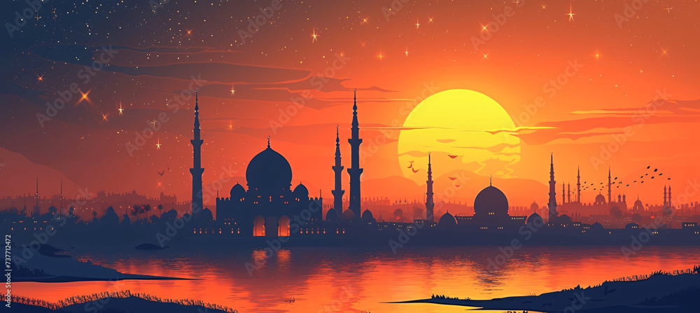 Obraz premium Illustration of a mosque silhouette against a sunset for celebrating Ramadan Kareem.
