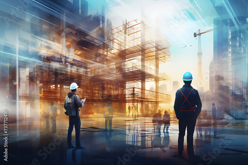 Engineer and architect working on construction site. Engineering and architecture concept. Double exposure
