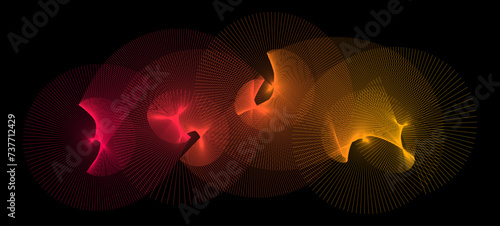 Neon radiating spiral shape pattern. Abstract spreading rotating lines. Yellow orange red spinning circle on black background. Futuristic cloud concept. Digital aurora or moire effect. Vector backdrop
