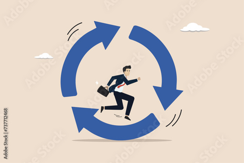 Life cycle or daily routine behavior, discipline or working efficiency, procedure or process to success concept, businessman running on habit circle arrow diagram.