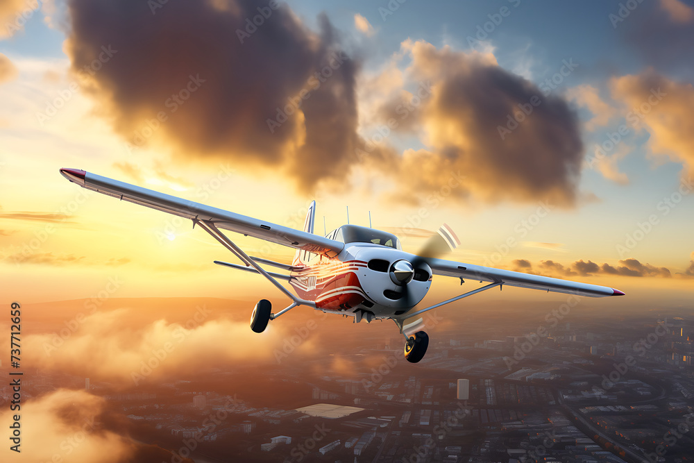 Naklejka premium Airplane flying above the city at sunset.