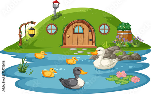 Ducks swimming by a whimsical hillside home