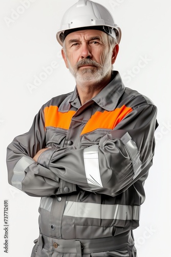 Old man engineer in gray uniform with reflectiv stripes on white background.