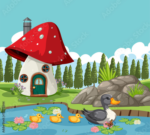 Colorful illustration of ducks near a mushroom house