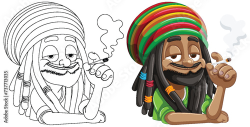 Cartoon Rastafarians with colorful headwear smoking.
