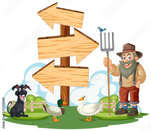 Cartoon farmer with animals near wooden signposts
