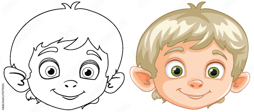 Transformation of a boy's face from line art to color. Transformation of a boy's face from line art to color.
